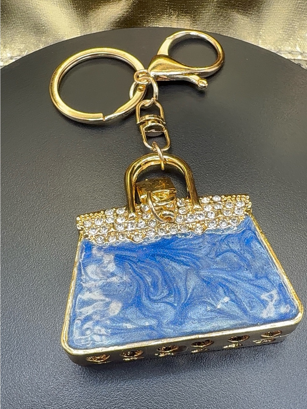 Gold-Tone Blue Enamel Handbag Keychain with Crystal Accents
